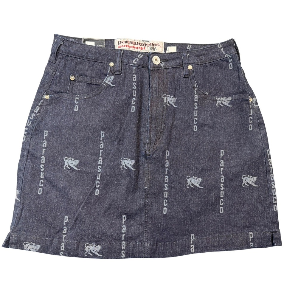 Vintage Parasuco Jeans Extreme Fit Denim Mini Skirt All Over Logo Print Size‎ 28